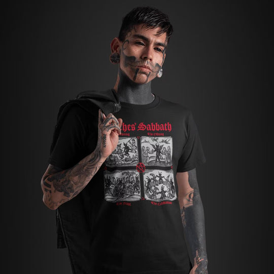 Tattooed man wearing black Medieval Woodcut The Witches' Sabbath T-Shirt