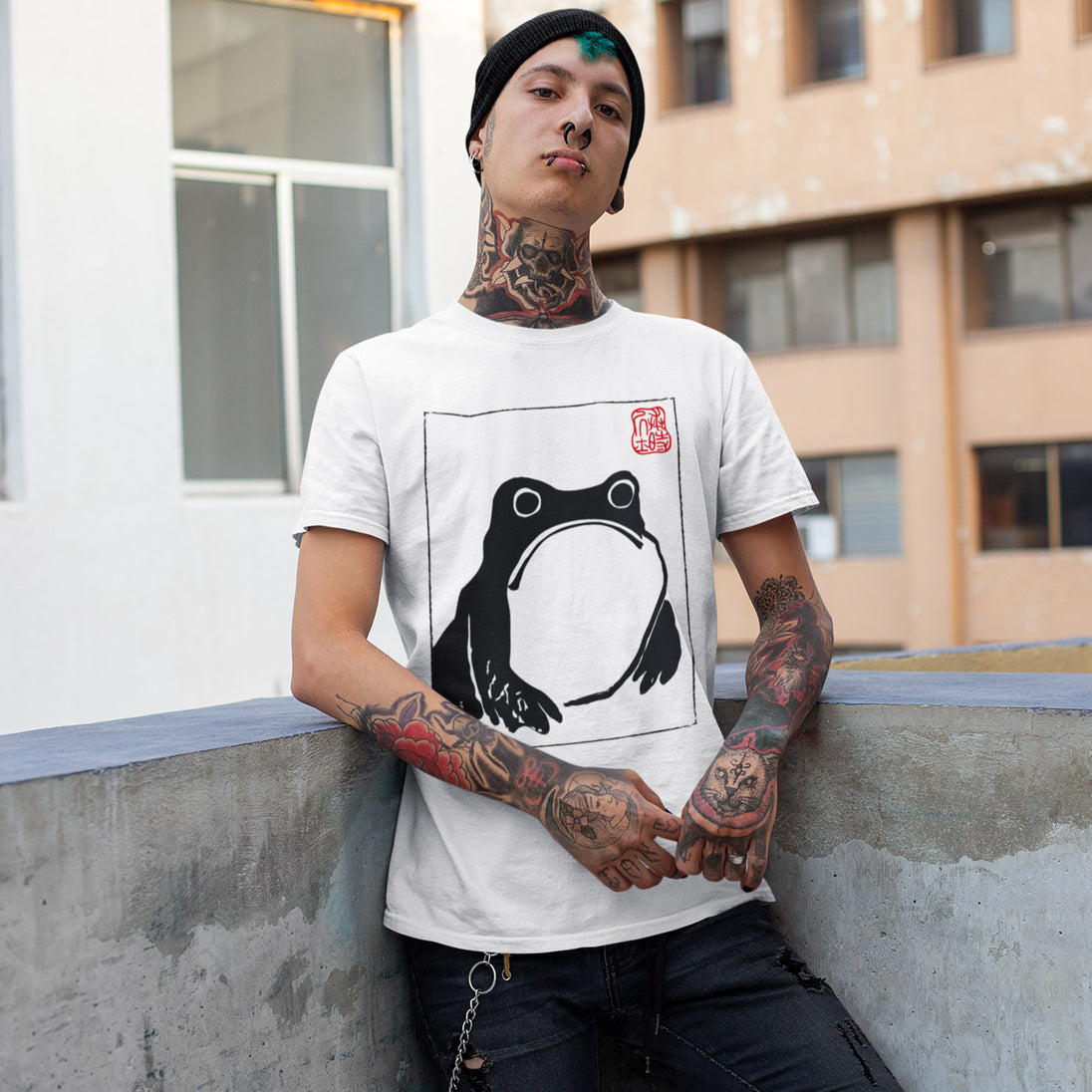 Tattooed man wearing white Unimpressed Frog T-Shirt