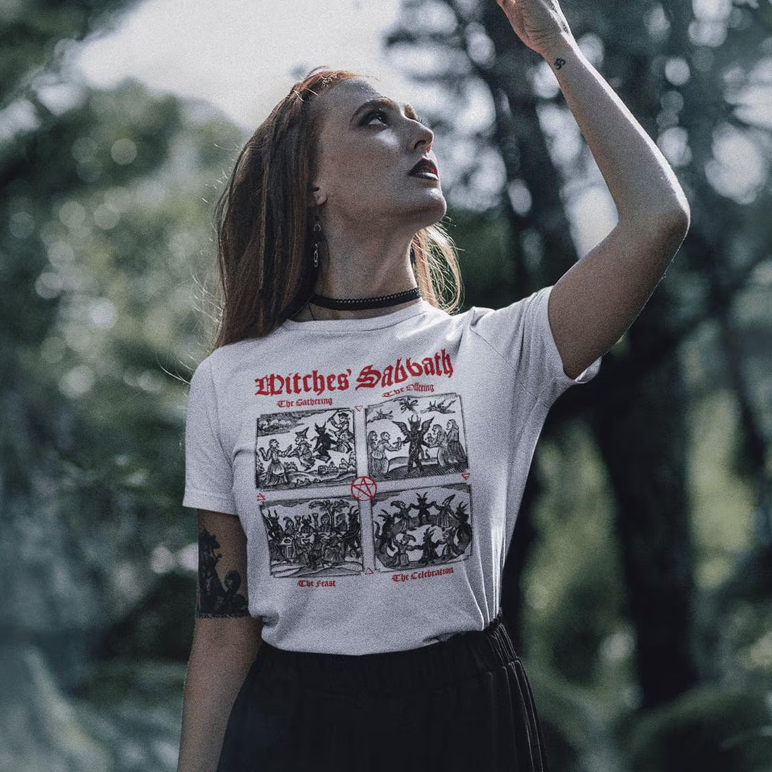 Woman wearing white Medieval Woodcut The Witches' Sabbath T-Shirt