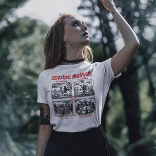 Woman wearing white Medieval Woodcut The Witches' Sabbath T-Shirt
