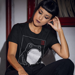 Woman wearing black Unimpressed Frog T-Shirt
