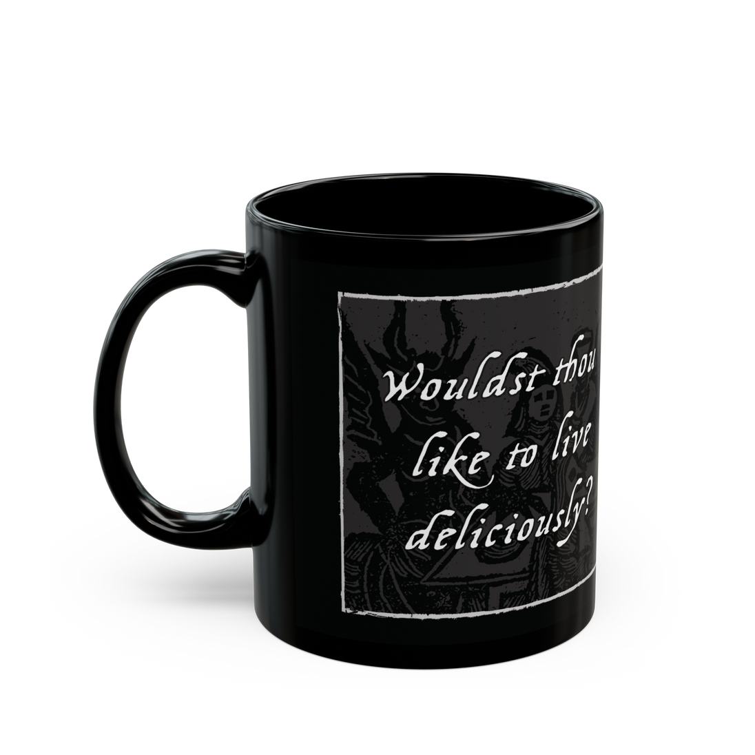 Live Deliciously' black ceramic mug, 11 oz, featuring Black Phillip from 'The VVitch', microwave and dishwasher safe