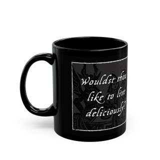 Live Deliciously' black ceramic mug, 11 oz, featuring Black Phillip from 'The VVitch', microwave and dishwasher safe