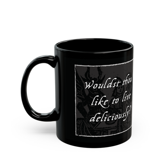 Live Deliciously' black ceramic mug, 11 oz, featuring Black Phillip from 'The VVitch', microwave and dishwasher safe
