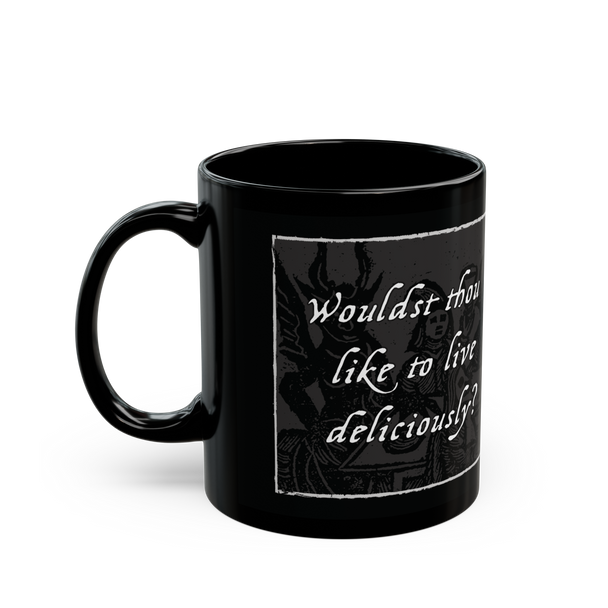 Live Deliciously' black ceramic mug, 11 oz, featuring Black Phillip from 'The VVitch', microwave and dishwasher safe