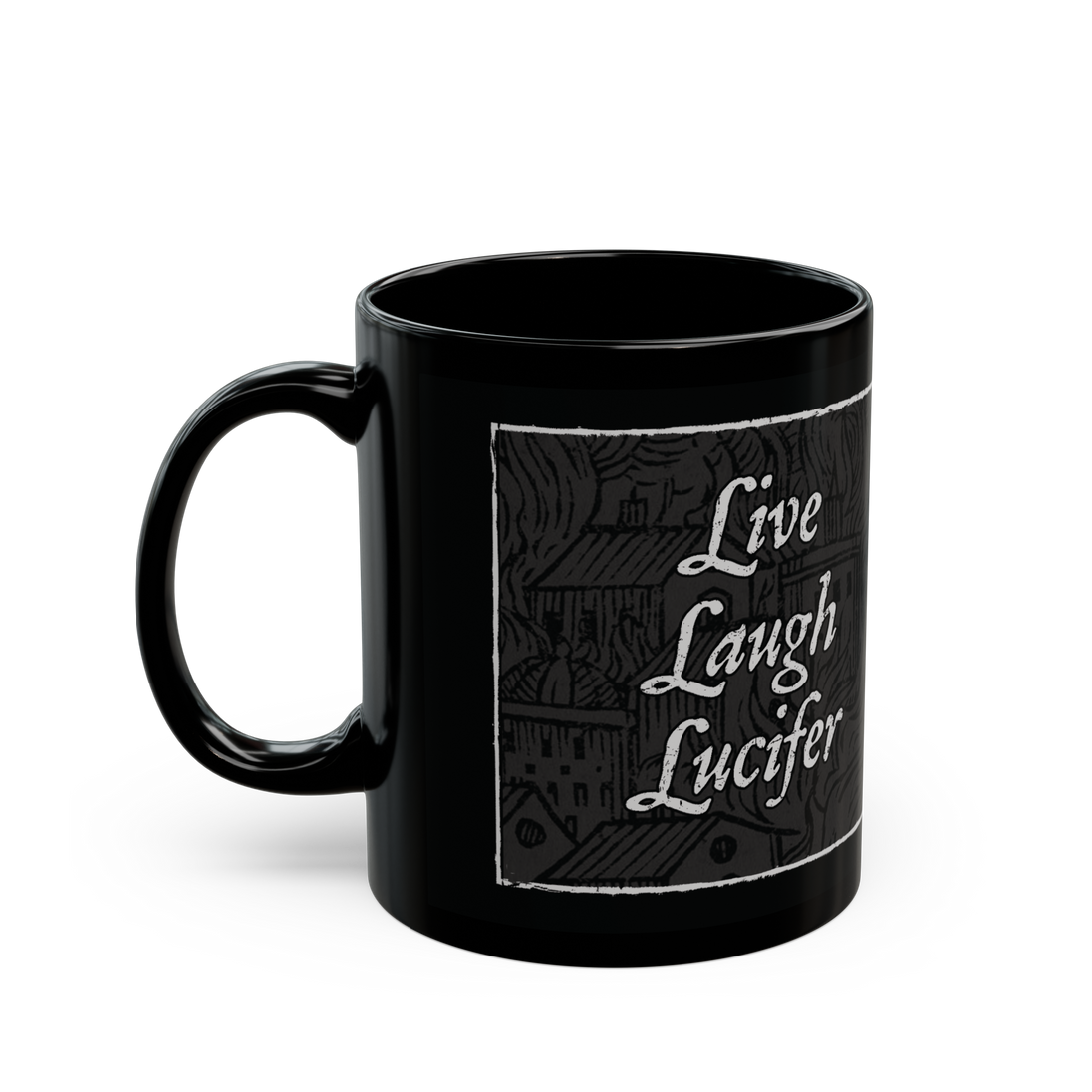 Live Laugh Lucifer' black ceramic mug, 11 oz, occult design, microwave and dishwasher safe