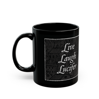 Live Laugh Lucifer' black ceramic mug, 11 oz, occult design, microwave and dishwasher safe