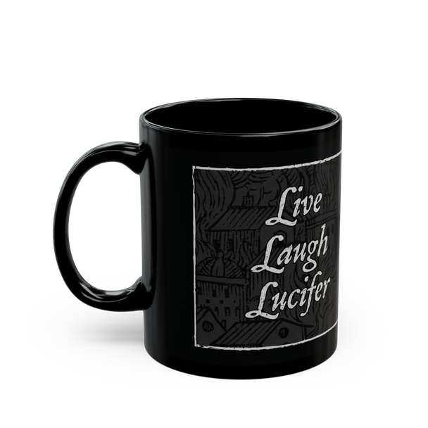Live Laugh Lucifer' black ceramic mug, 11 oz, occult design, microwave and dishwasher safe