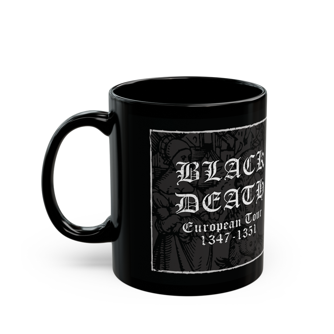 Black Death European Tour' black ceramic mug, 11 oz, gothic design, microwave and dishwasher safe