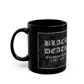 Black Death European Tour' black ceramic mug, 11 oz, gothic design, microwave and dishwasher safe