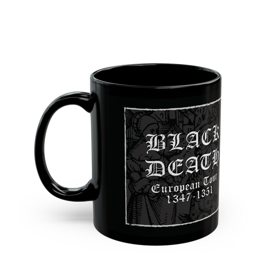 Black Death European Tour' black ceramic mug, 11 oz, gothic design, microwave and dishwasher safe