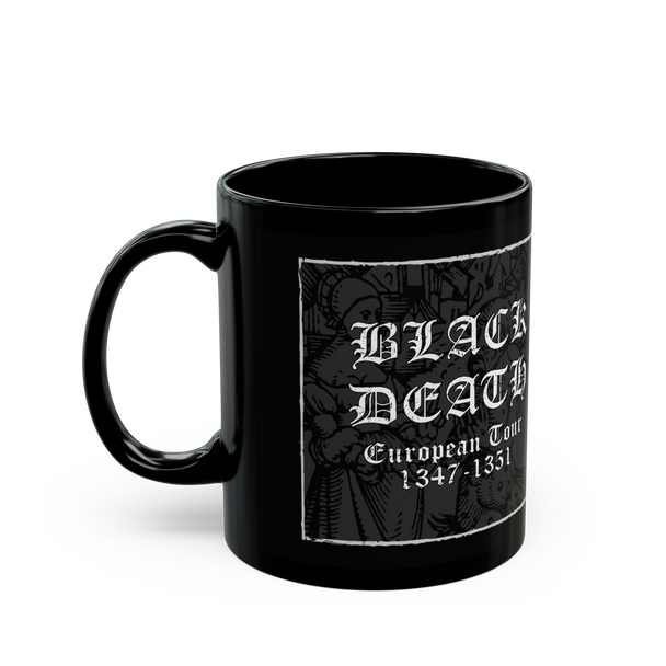 Black Death European Tour' black ceramic mug, 11 oz, gothic design, microwave and dishwasher safe