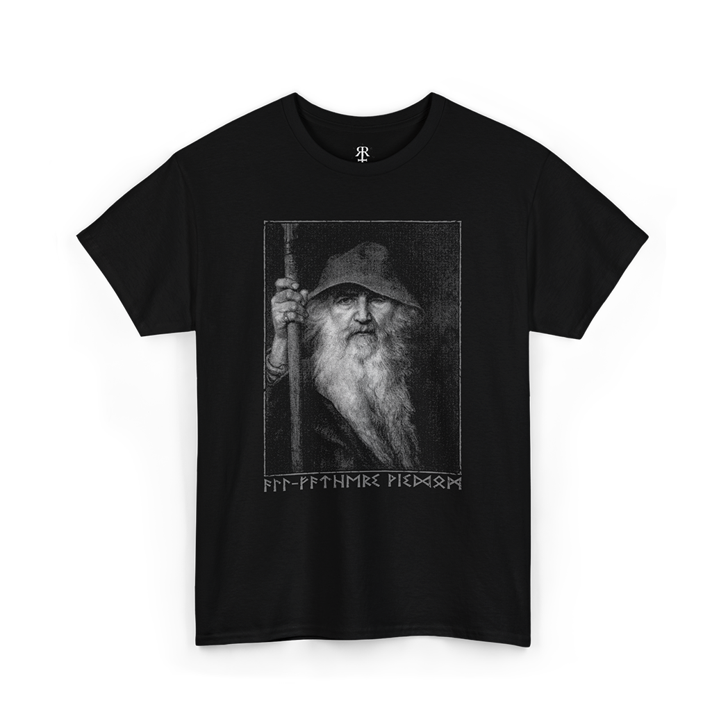 Black T-shirt featuring a monochrome graphic of Odin, the All-Father from Norse mythology, with a staff, and Elder Futhark script below.