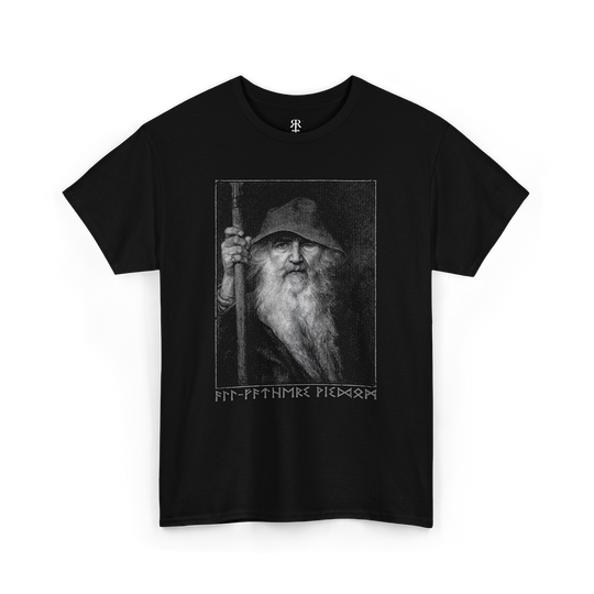 Black T-shirt featuring a monochrome graphic of Odin, the All-Father from Norse mythology, with a staff, and Elder Futhark script below.