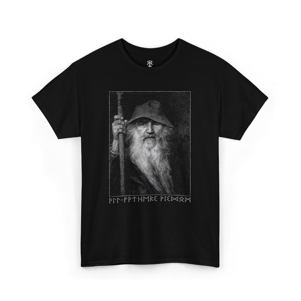 Black T-shirt featuring a monochrome graphic of Odin, the All-Father from Norse mythology, with a staff, and Elder Futhark script below.