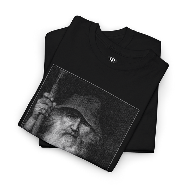 Black T-shirt featuring a monochrome graphic of Odin, the All-Father from Norse mythology, with a staff, and Elder Futhark script below.