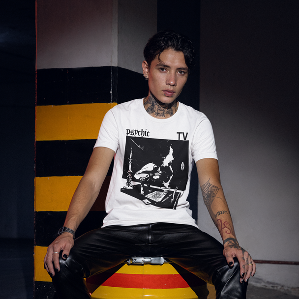 Man wearing white Psychic TV T-Shirt