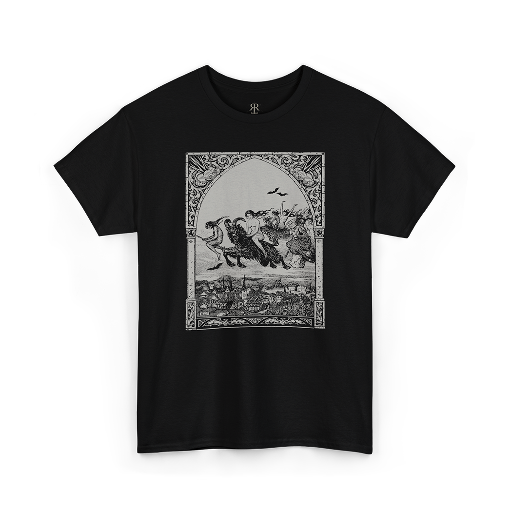 Black t-shirt showing witches riding to sabbath