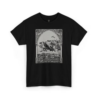 Black t-shirt showing witches riding to sabbath