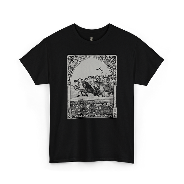 Black t-shirt showing witches riding to sabbath