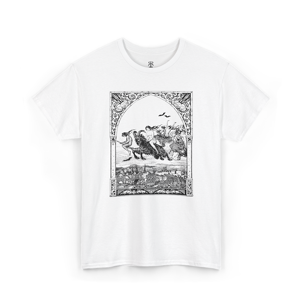 White t-shirt showing witches riding to sabbath
