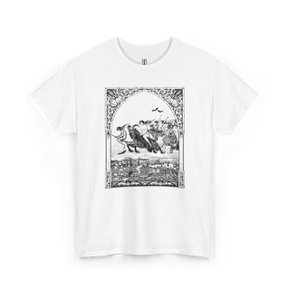 White t-shirt showing witches riding to sabbath