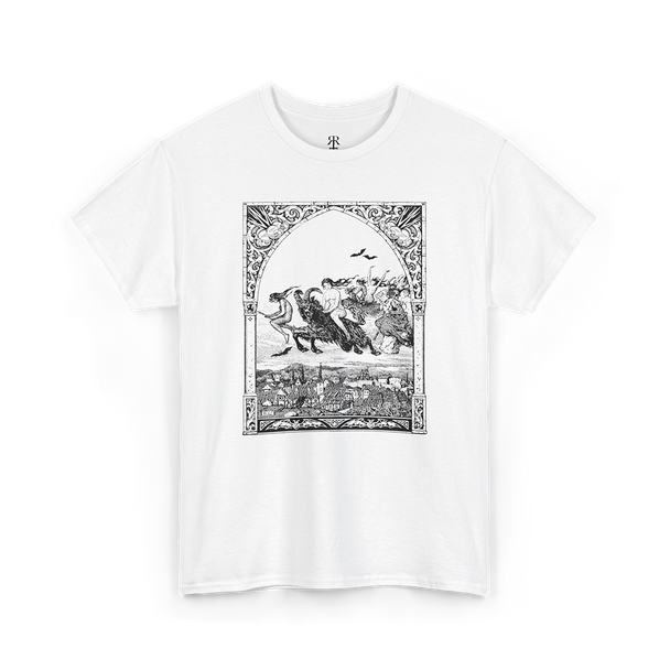 White t-shirt showing witches riding to sabbath