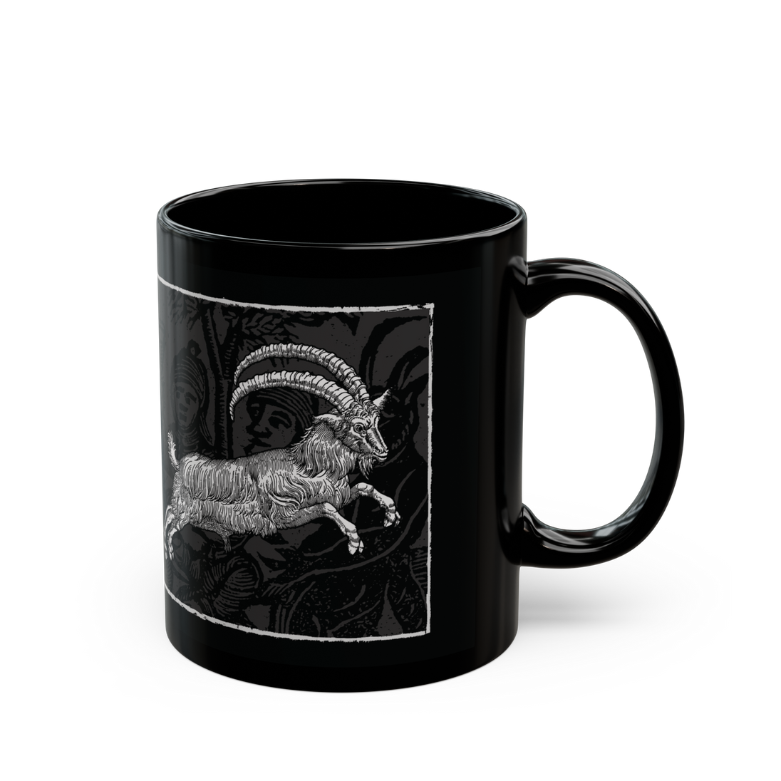Live Deliciously' black ceramic mug, 11 oz, featuring Black Phillip from 'The VVitch', microwave and dishwasher safe