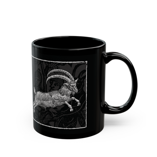 Live Deliciously' black ceramic mug, 11 oz, featuring Black Phillip from 'The VVitch', microwave and dishwasher safe