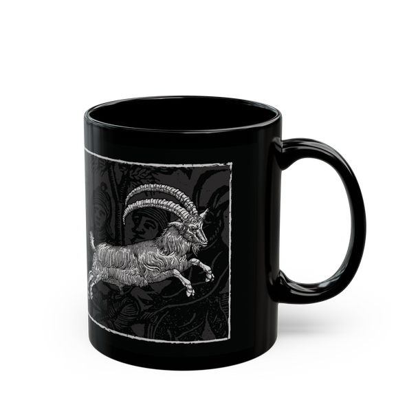 Live Deliciously' black ceramic mug, 11 oz, featuring Black Phillip from 'The VVitch', microwave and dishwasher safe