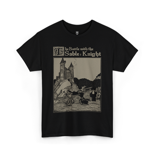 Black crew neck t-shirt with a graphic print of a medieval scene titled 'The Battle with the Sable Knight'.