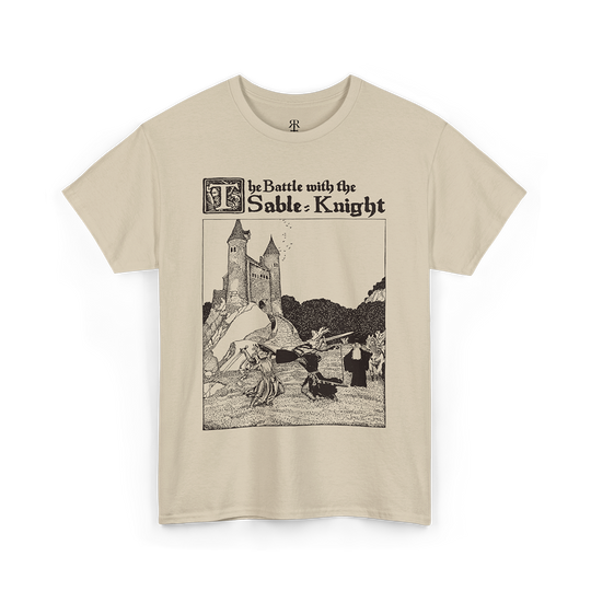 Sand crew neck t-shirt with a graphic print of a medieval scene titled 'The Battle with the Sable Knight'.