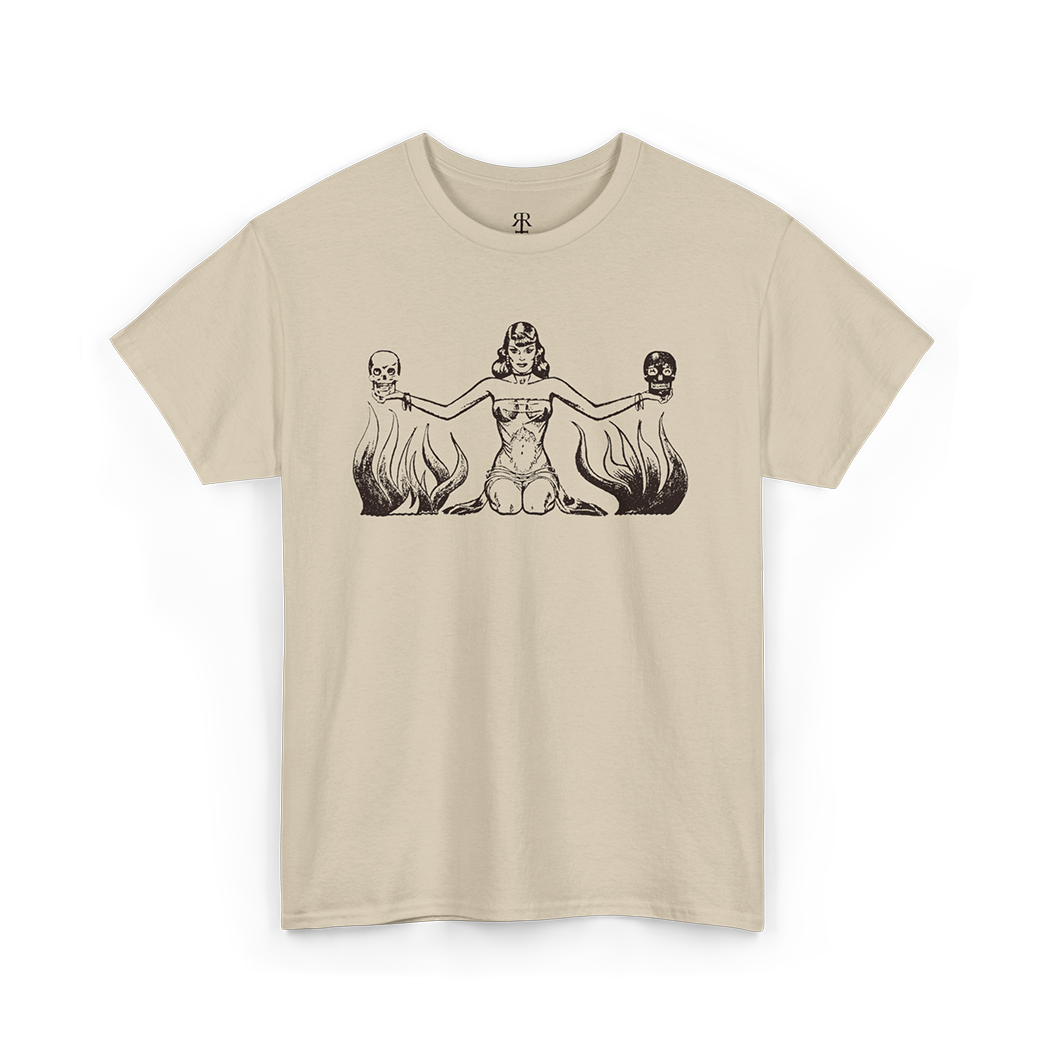 Beige t-shirt with black graphic design of a woman holding two human skulls, retro style