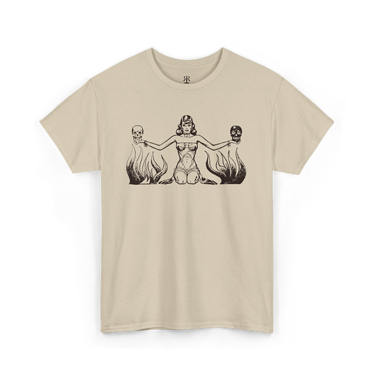 Beige t-shirt with black graphic design of a woman holding two human skulls, retro style