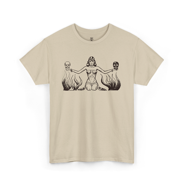 Beige t-shirt with black graphic design of a woman holding two human skulls, retro style