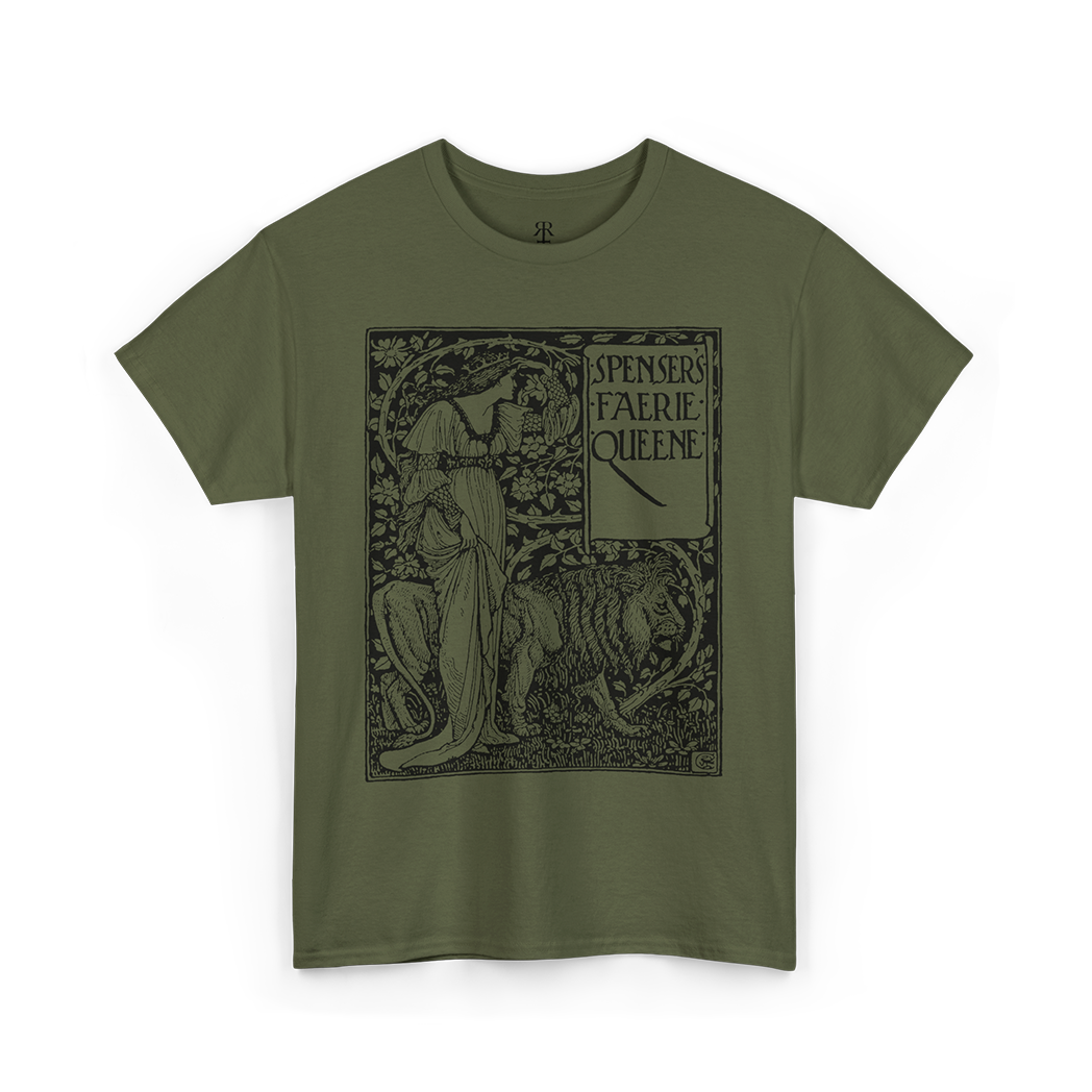 Olive green crew neck t-shirt with a graphic print of a figure and text ' Edmund Spenser The Faerie Queene '.