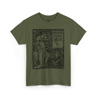 Olive green crew neck t-shirt with a graphic print of a figure and text ' Edmund Spenser The Faerie Queene '.