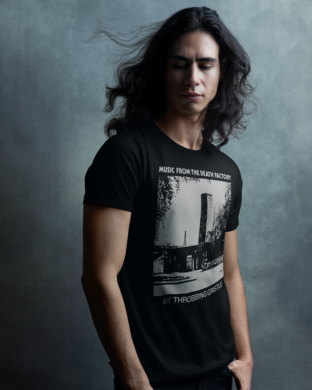 Man wearing Throbbing Gristle Music From The Death Factory t-shirt
