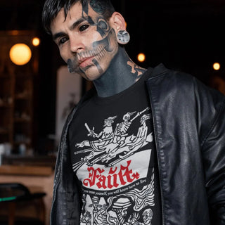 Tattooed man wearing Faust T-Shirt