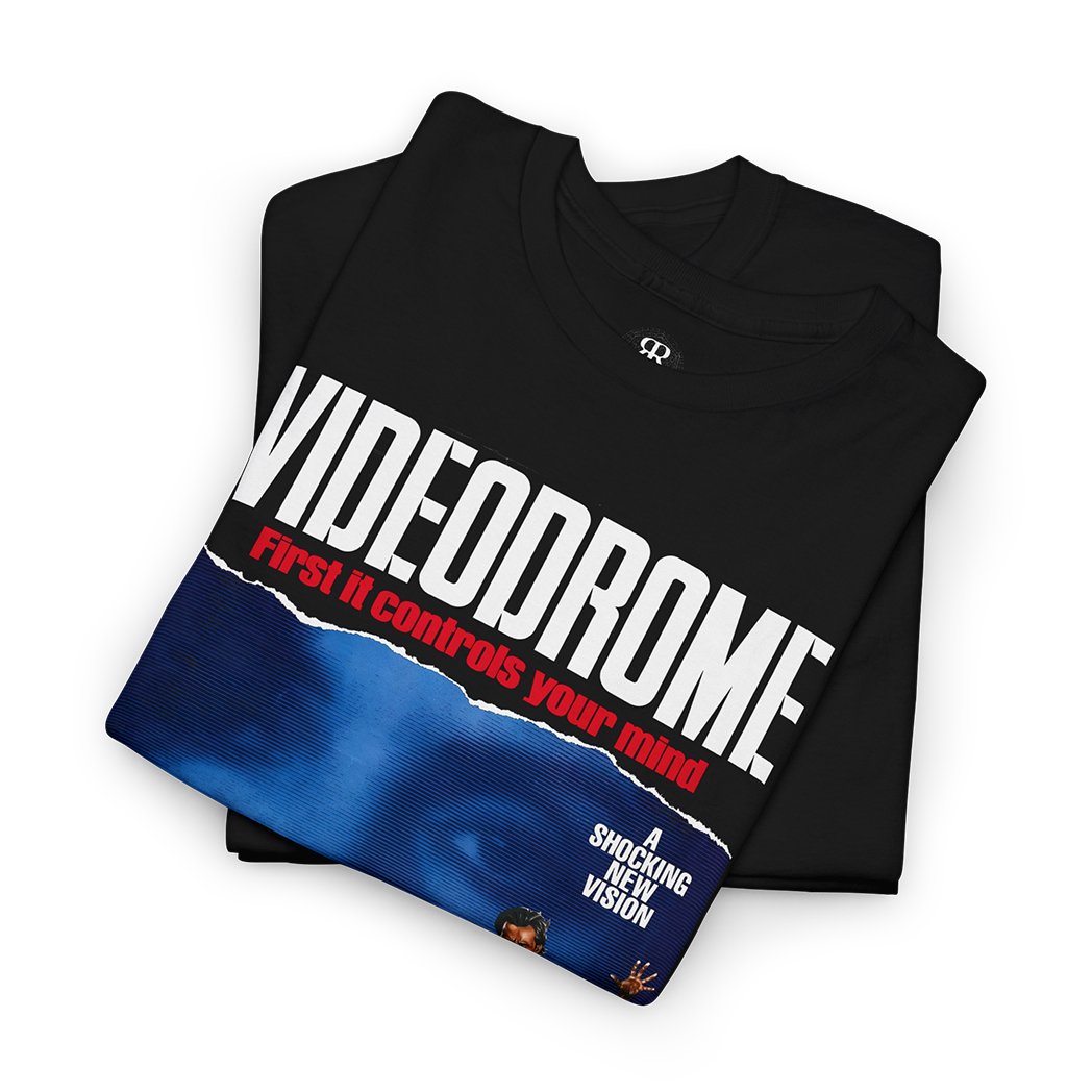 Black t-shirt with 'Videodrome' movie poster design with saying 'First it controls your mind, then it destroys your body'