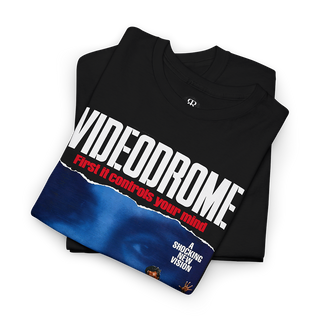 Black t-shirt with 'Videodrome' movie poster design with saying 'First it controls your mind, then it destroys your body'