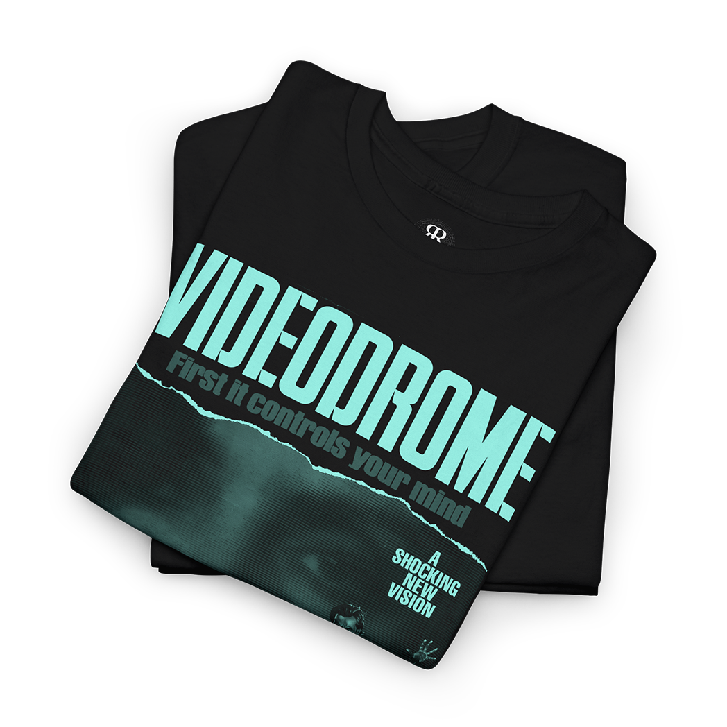 Black t-shirt with 'Videodrome' movie poster design with saying 'First it controls your mind, then it destroys your body', turqouise print