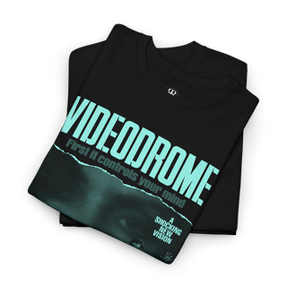 Black t-shirt with 'Videodrome' movie poster design with saying 'First it controls your mind, then it destroys your body', turqouise print