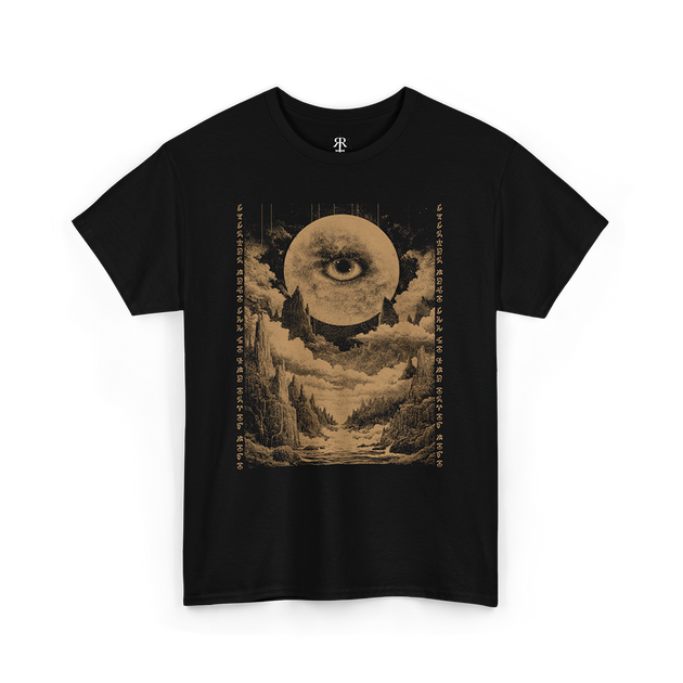 Black t-shirt with a graphic print of a moon, trees, and a quote from H.P. Lovecraft's Diary.