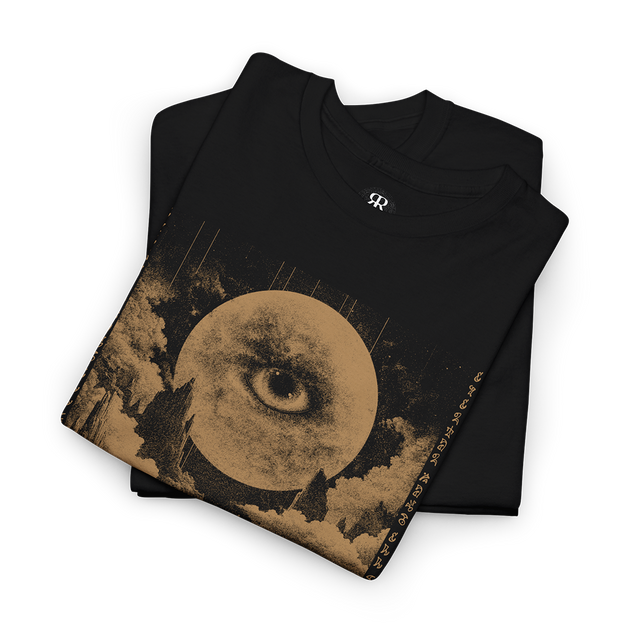 Black t-shirt with a graphic print of a moon, trees, and a quote from H.P. Lovecraft's Diary.