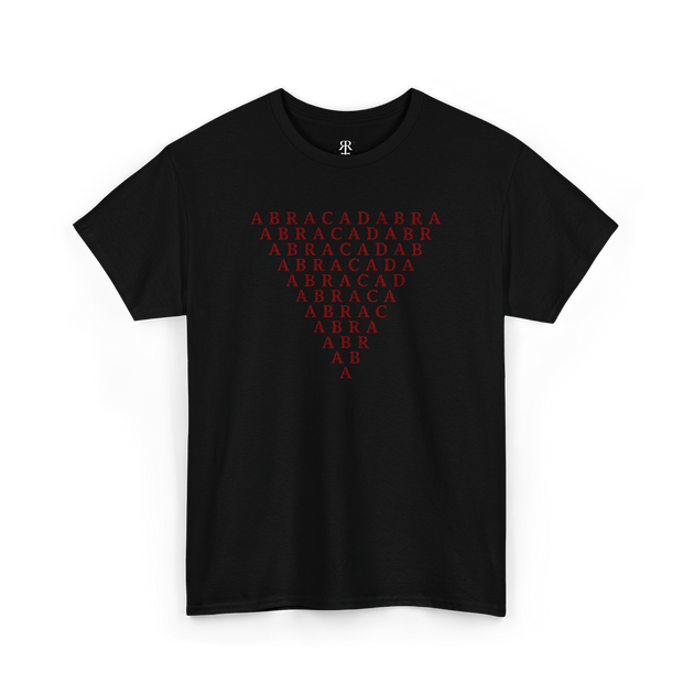 A black T-shirt with the text 'ABRACADABRA' printed in capital letters in a triangle pattern on the front, red print