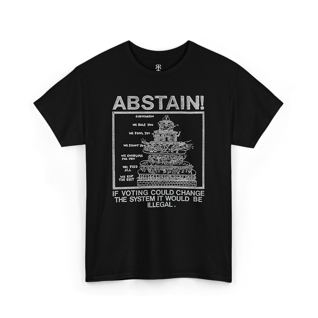 Black t-shirt with white text and graphic that says 'ABSTAIN' along with a detailed diagram of a voting machine.