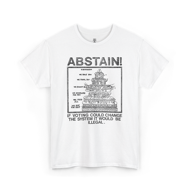White t-shirt with white text and graphic that says 'ABSTAIN' along with a detailed diagram of a voting machine.