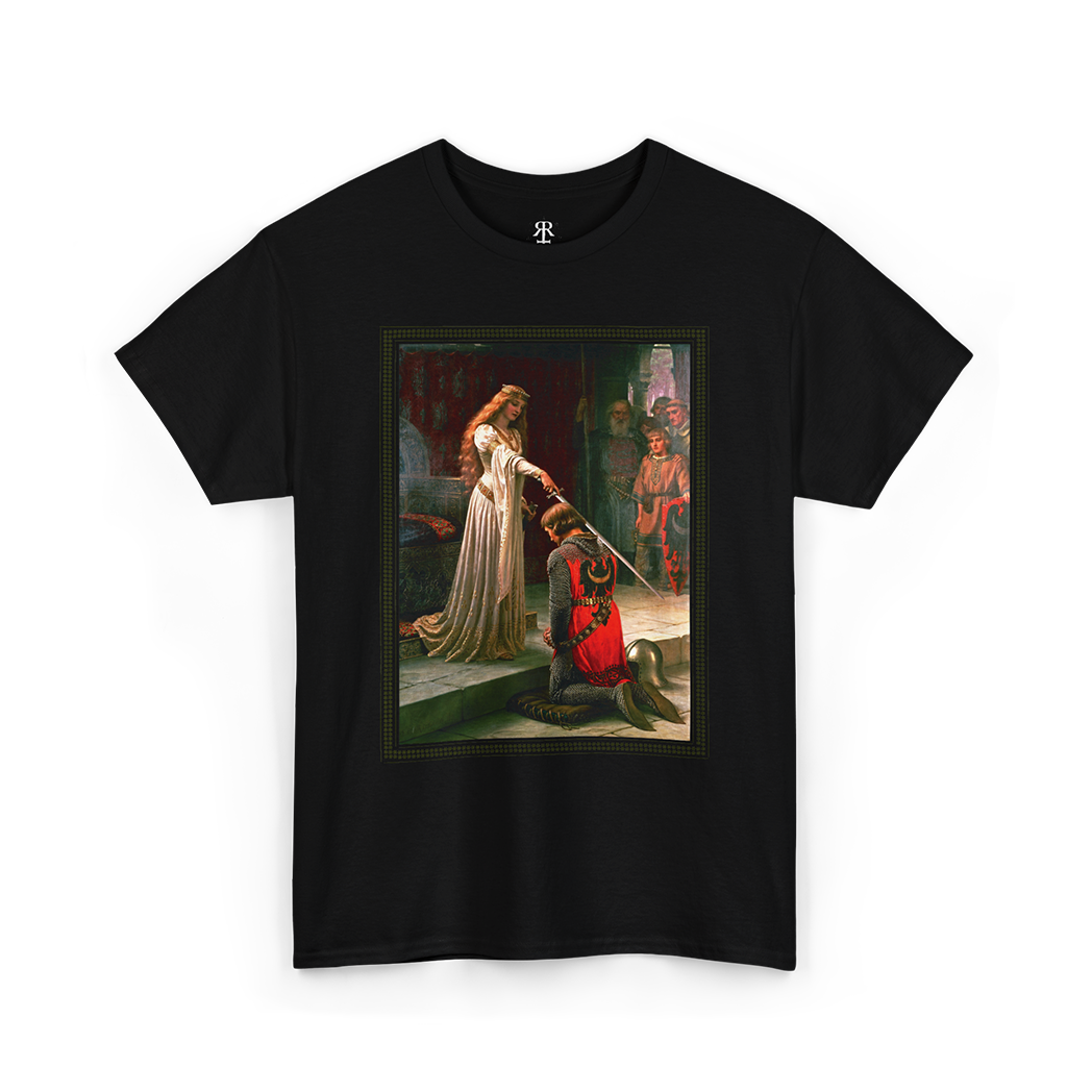 Black t-shirt featuring a printed image of a historical painting depicting a moment of chivalry with a noble lady knighting a kneeling warrior.