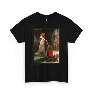 Black t-shirt featuring a printed image of a historical painting depicting a moment of chivalry with a noble lady knighting a kneeling warrior.